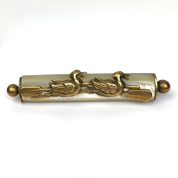 Vintage Duck Brooch Mother of Pearl Brass Rowing Ducks Whimsy Art Deco - Picture 2 of 15